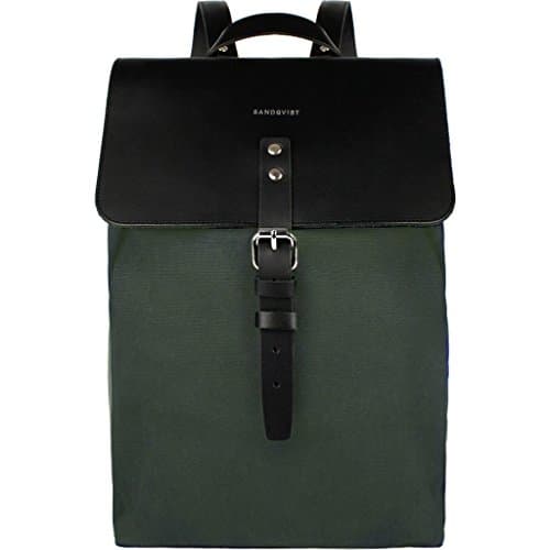 Sac à dos Sandqvist cuir noir et toile verte, sac à dos épuré fait pour durer, pour homme urbain élégant.